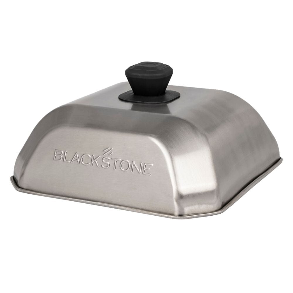 Use the Blackstone GE Medium Square Basting Cover to melt cheese quickly and easily on hamburgers or Philly Cheesesteaks.