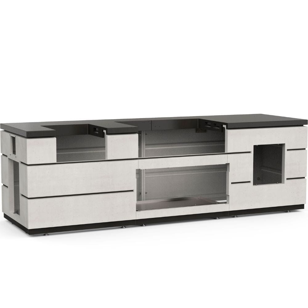 Fire Magic 115" White Aspen Contemporary Pre-Fab Grill Island w/ Double Drawer Cutout and Polished Black Lava Counter