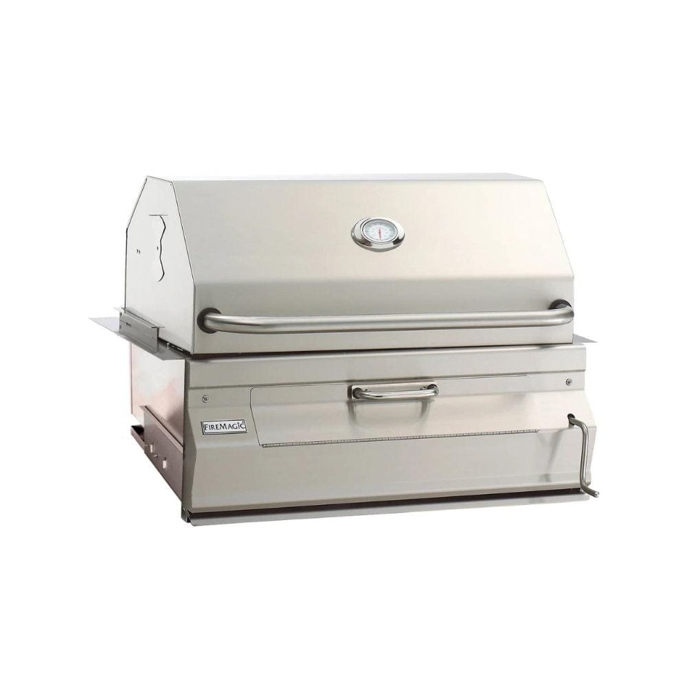 The Fire Magic Built-In Stainless Steel Charcoal Grill features a 432 and 540 sq. in. cooking surface, all stainless steel construction, and a heavy-duty stainless smoker hood with a precise analog thermometer.