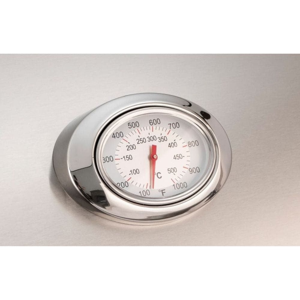 Analog Thermometer with polished stainless steel bezel is embedded in the hood.