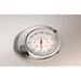 Analog Thermometer with polished stainless steel bezel is embedded in the hood.