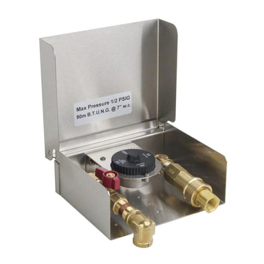 Gas connection box with quick disconnect and 1 hour timer for conservation and peace of mind. Clean and attractive 304 stainless steel box.