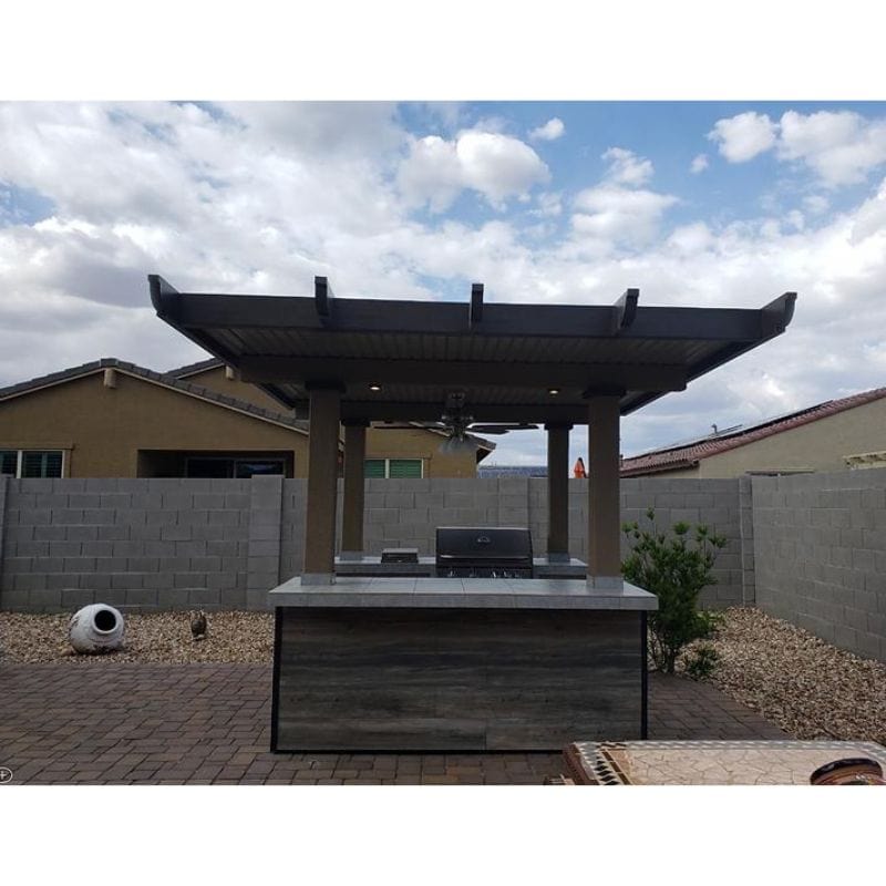 KoKoMo BBQ Island with Pergola 4 Burner BBQ Grill Wood Siding and Fan | Baja-Wood-Siding-Top