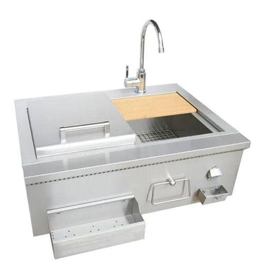 30" Farmhouse Sink includes two extra drop-in sinks to create a full bartender cocktail station with 15x15 ice chest and 15x15 Sink.