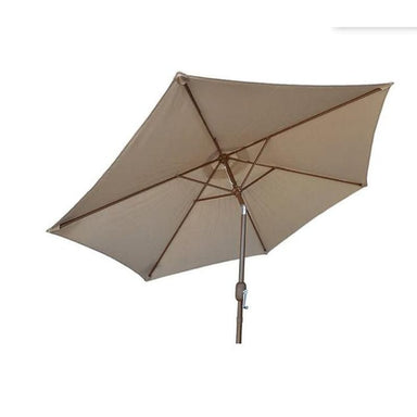 This 9" beige umbrella with a steel pole and hank crank can easily tilt for optimal use and is fully compatible with Kokomo outdoor kitchen islands.